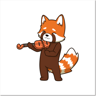 Comic red panda playing violin Posters and Art